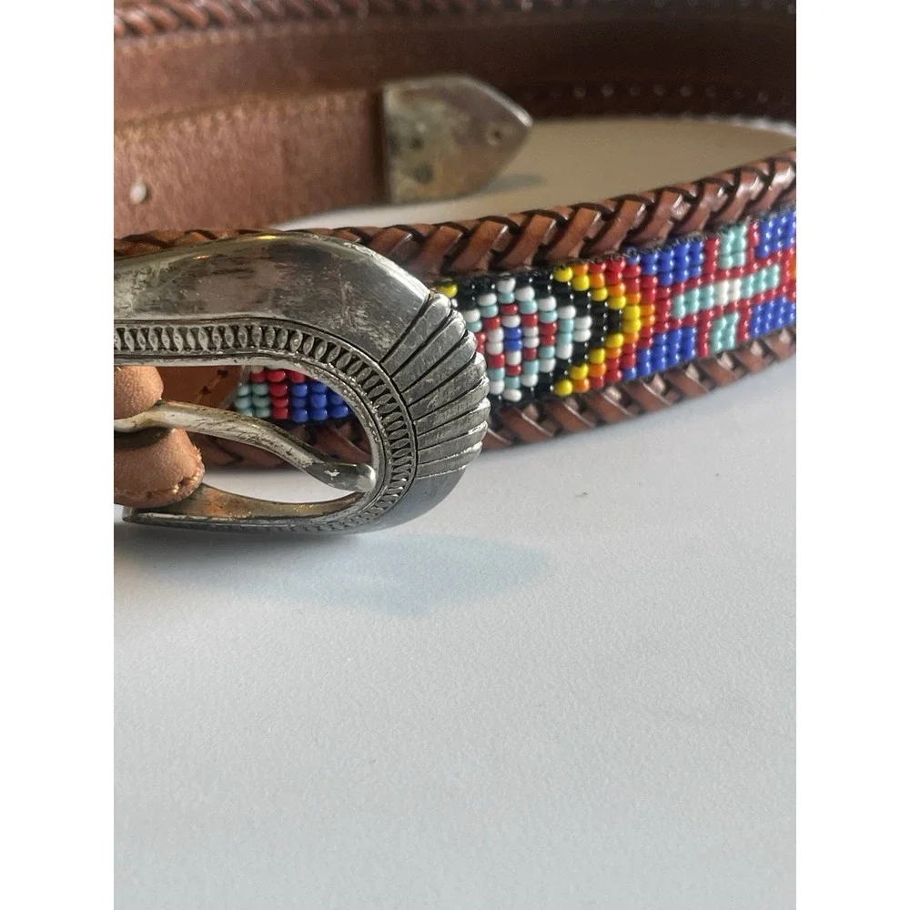 1991 Vintage Southwestern Boho Beaded Leather Belt 65506 No Brand Size 26